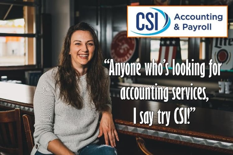 Sports Page owner Becky Rademacher sitting at her bar with a quote that says, "Anyone who's looking for accounting services, I say try CSI!"