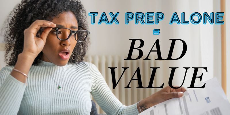 Woman looking shocked at a bill and text that says 