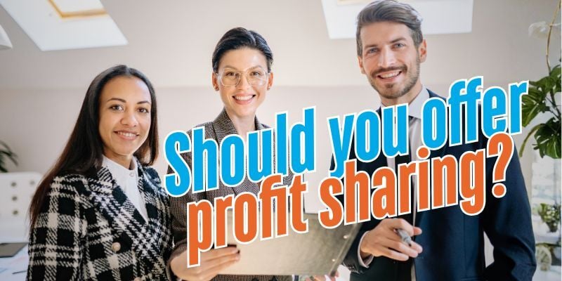 Team of business professionals with clipboard and text: Should you offer profit sharing?