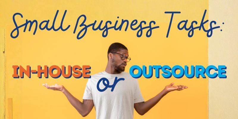 man comparing in-house to outsourcing with text 