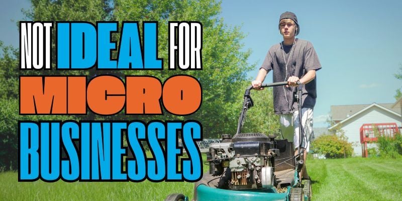 teen mowing a lawn with text: Not ideal for micro businesses